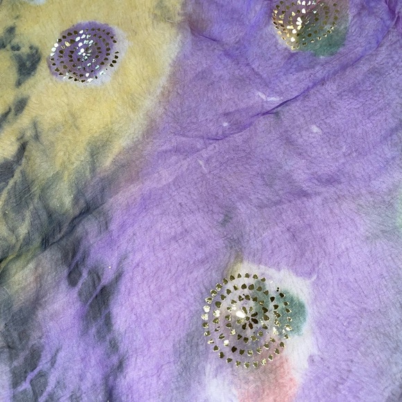 Jacaranda Purple Green and Yellow Tie Dye Sheer Scarf with Gold Accents - Picture 3 of 4